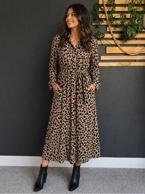 Kaileigh Leopard Print Midi Shirt Dress Tie Waist Pockets Long Sleeve M